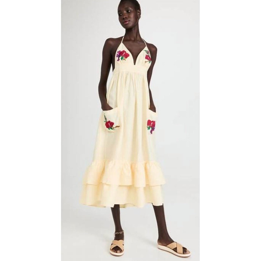 NWT Fanm Mon Pamuk Halter Dress Yellow‎ Midi Embroidery Pockets Ruffle Hem SZ XS